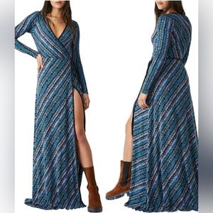 Free People Phoebe Long Sleeve Wrap Dress Blue Small